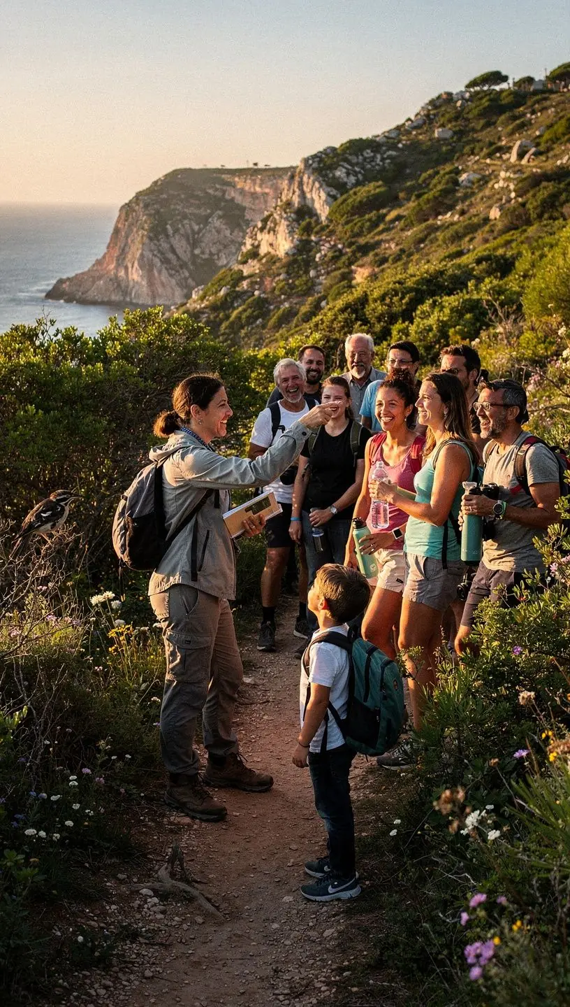 Grupo em passeio a pé explorando negócios locais